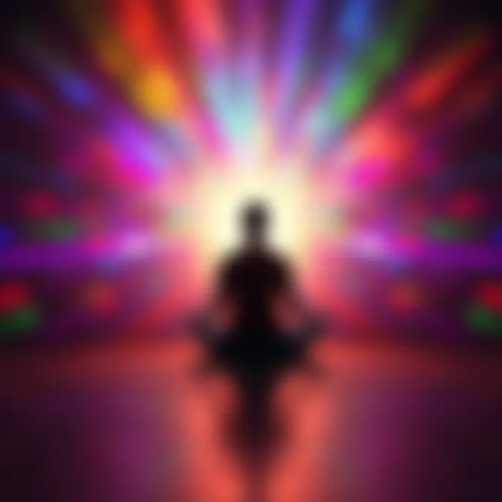 A person sitting in meditation with a glowing aura, surrounded by colorful light rays symbolizing positive vibrations and spiritual growth.