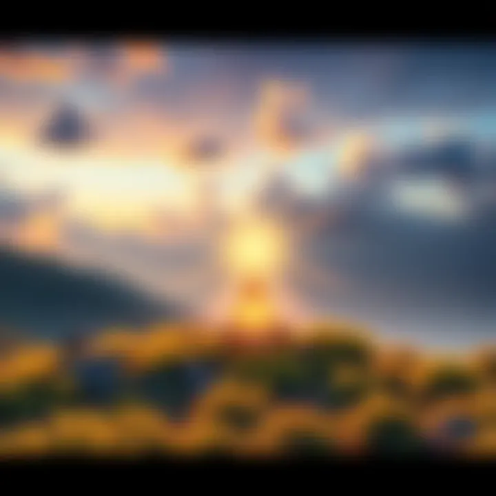 A serene landscape with a glowing figure meditating, surrounded by soft light representing energy connections.
