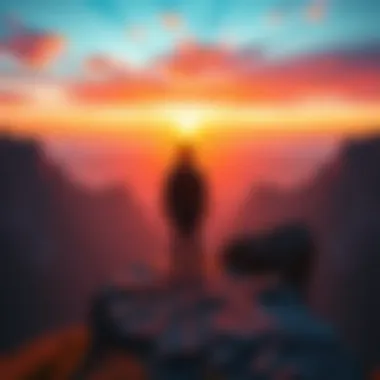 A person standing on a cliff looking at the sunset, symbolizing reflection and realization during a spiritual journey, with faint images of twin flames in the background.
