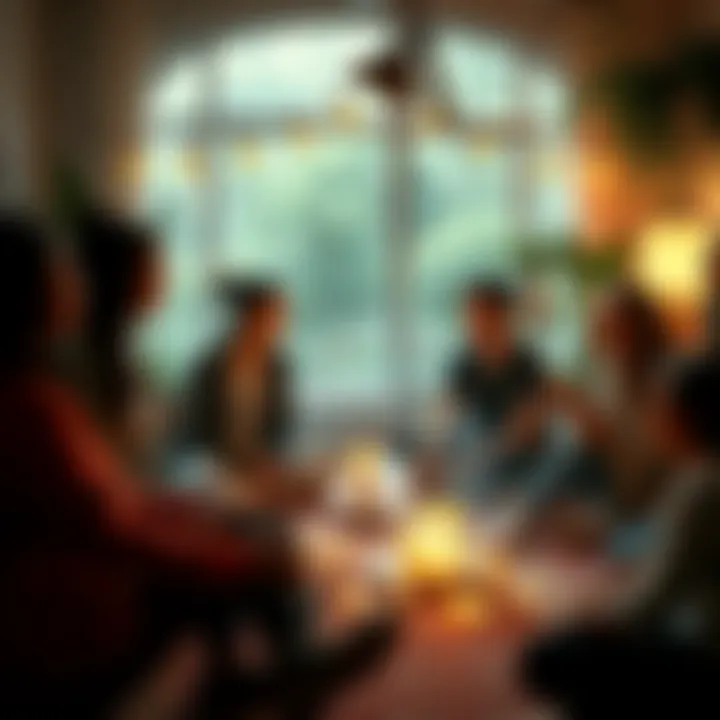 A group of diverse individuals sitting in a circle, sharing their spiritual beliefs and transformative journeys in a warm and welcoming environment.