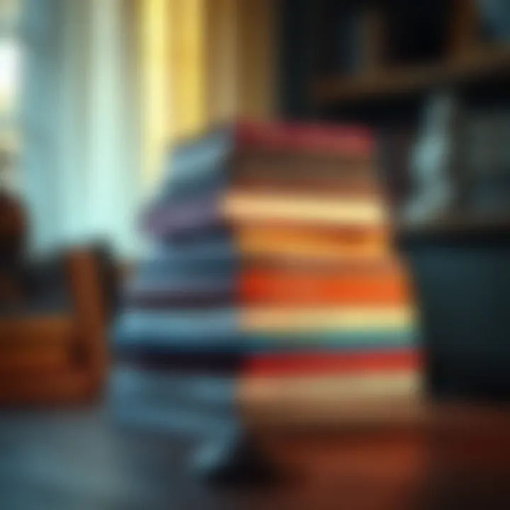Stack of Spiritual Books A stack of various spiritual texts and books on a table with a warm light illuminating them.