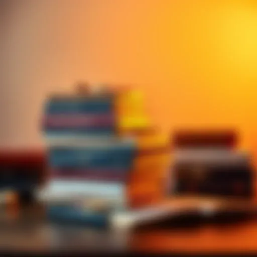 A collection of spiritual books stacked on a wooden table, with a warm glow highlighting their covers.