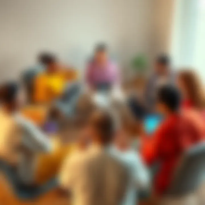 A group of diverse people sitting in a circle, chatting and sharing their spiritual experiences on Discord with laptops and smartphones. Some are meditating, others are listening attentively.