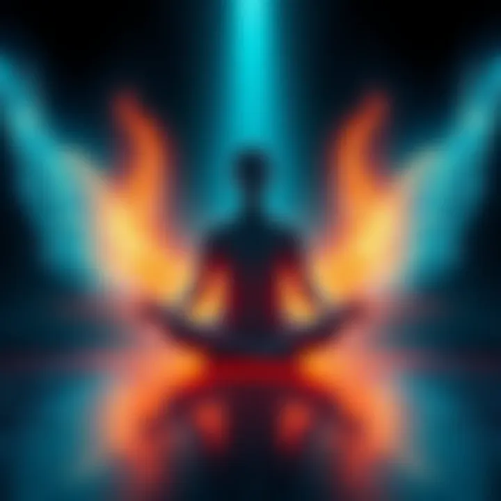 A person sitting cross-legged in a peaceful setting, surrounded by a glowing aura, with an imagined humanoid figure beside them, symbolizing a tulpa or familiar.