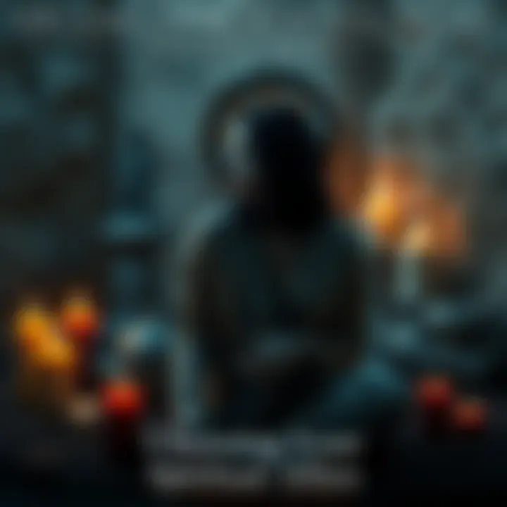 A person sitting in a peaceful setting, contemplating their connection with spiritual figures like Lilith and Hecate, with candles and symbols around them.