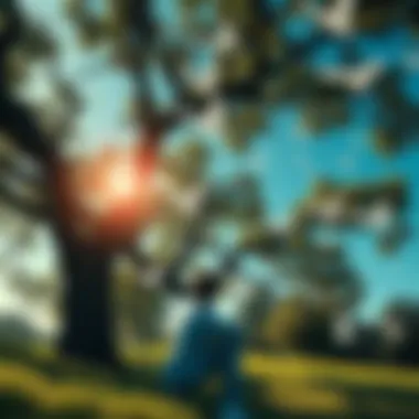 Spiritual Connection A person sitting under a tree, looking up at birds flying in the sky, reflecting on spiritual thoughts.