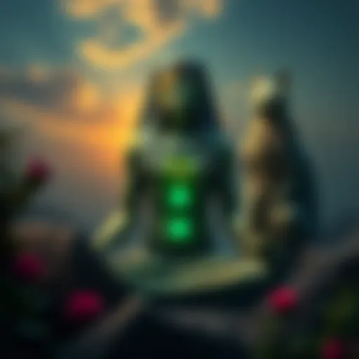 A person meditating with symbols of Sobek, the crocodile deity, and Bastet, the cat goddess, surrounded by nature.