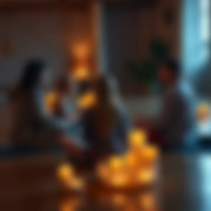 A group of people sitting in a circle, sharing thoughts on spirituality and personal growth, with yoga mats and candles around them.