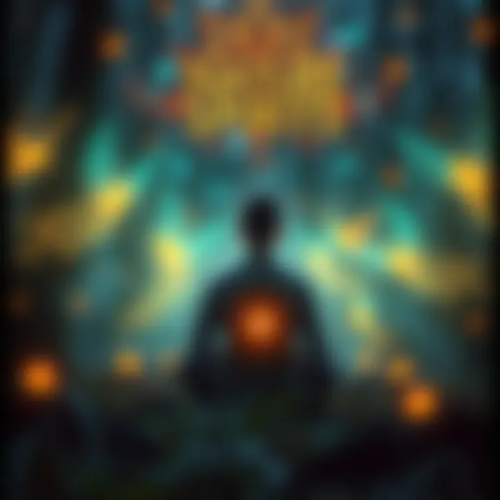 A person meditating in a forest surrounded by glowing elementals and nature spirits, depicting a spiritual interaction with non-human intelligence.