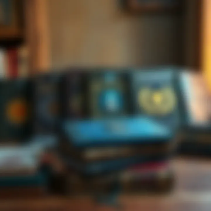 A collection of books on a wooden table, each with colorful covers featuring symbols of spiritual awakening and knowledge.