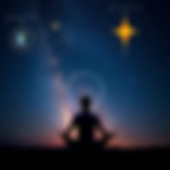 A person meditating under a starry sky with astrological symbols and planetary images in the background, showcasing the connection between spirituality and astrology.
