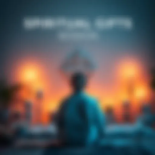 A person sitting in a peaceful room surrounded by candles and crystals, contemplating their spiritual gifts during a session.