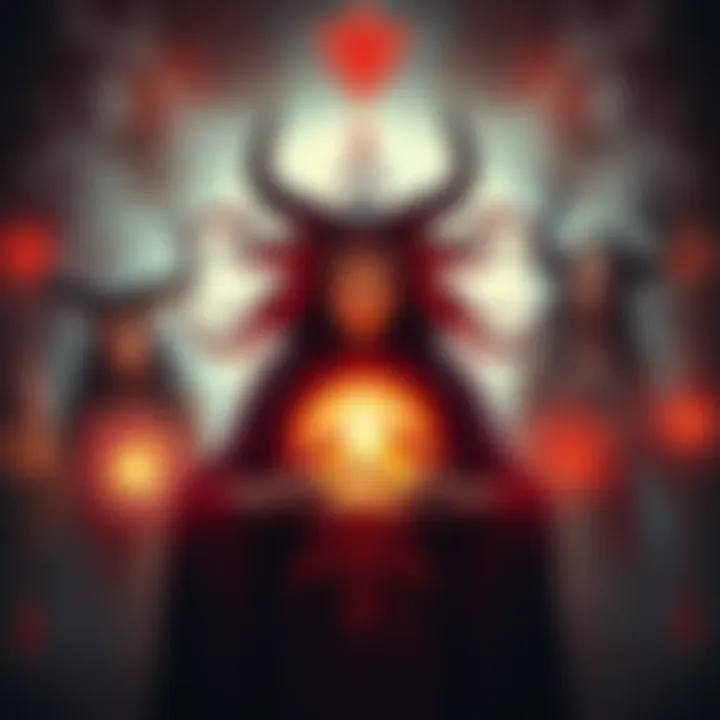 Artistic representation of Mother Lilith, Asmodeus, and Hecate surrounded by mystical symbols and light