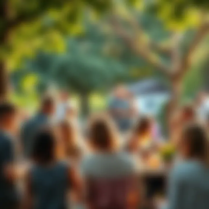 A group of people at a community event, sharing ideas and connecting in a peaceful outdoor setting with nature around them