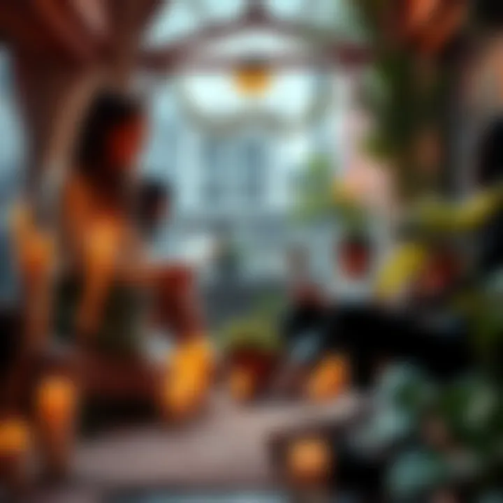 A group of people sharing ideas in a cozy urban space, surrounded by candles and plants, representing community and personal growth.