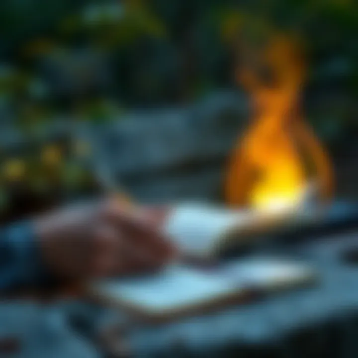 A person writing in a journal with a glowing guidebook, surrounded by nature to symbolize personal growth and guidance.