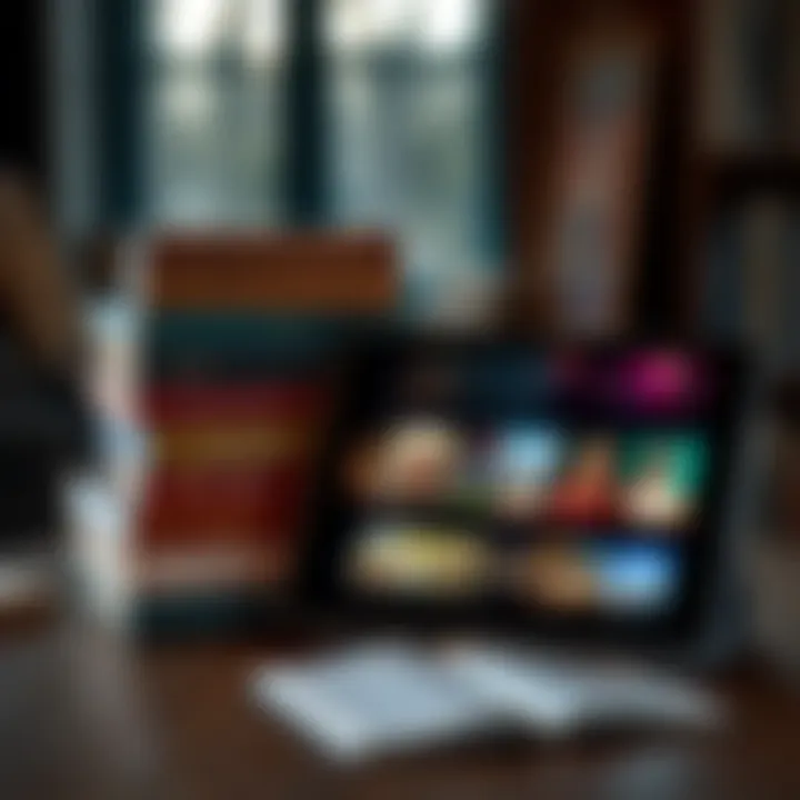 A stack of inspirational books and a tablet displaying spiritual shows, symbolizing a journey of self-discovery.