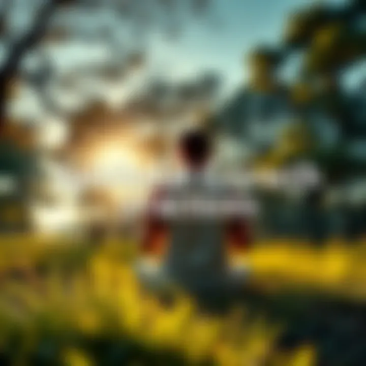 A serene scene showing a person meditating in nature, surrounded by trees and sunlight, symbolizing spiritual growth through nature and reflection.