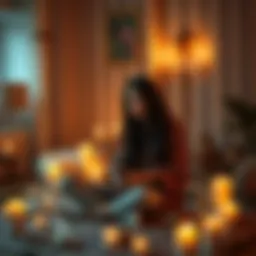 A person sitting in a cozy room surrounded by candles and crystals, talking to a psychic for spiritual support on their mission.