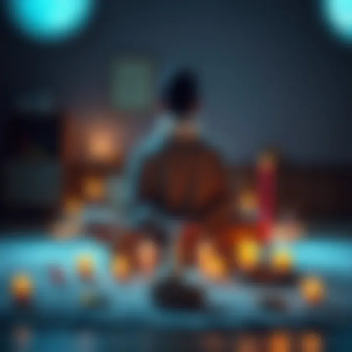 A person sitting cross-legged on the floor with candles and crystals, looking thoughtful while seeking spiritual guidance