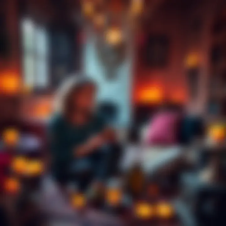 A psychic woman with tarot cards and crystals, offering guidance to a client in a cozy room filled with candles and spiritual decor.