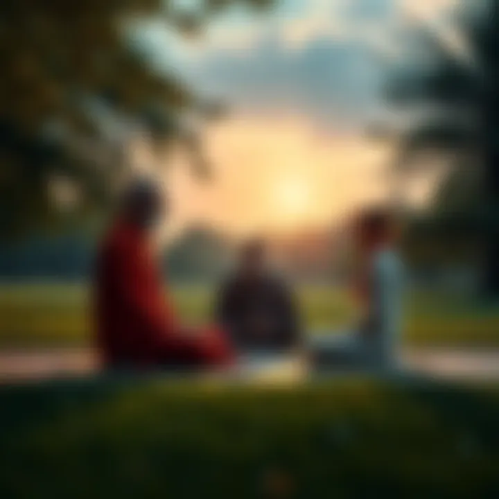 A serene scene of a person meditating with a spiritual guru in a peaceful park setting on the East Coast.