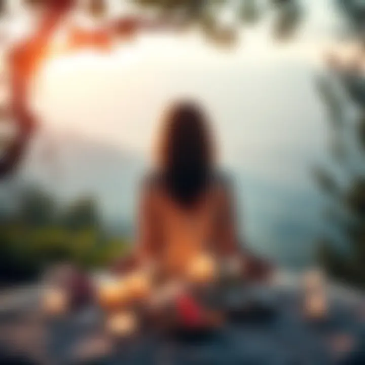 Spiritual Healing After Heartbreak A person sitting in nature, practicing meditation and surrounded by calming elements like candles and crystals to find peace after a breakup.