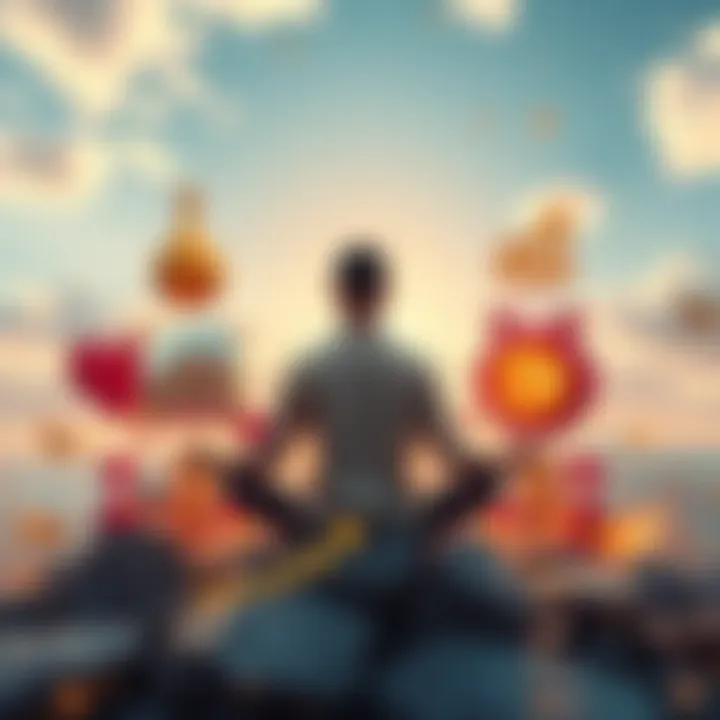 A person meditating surrounded by symbols of love, finance, and career growth, with a clear sky above