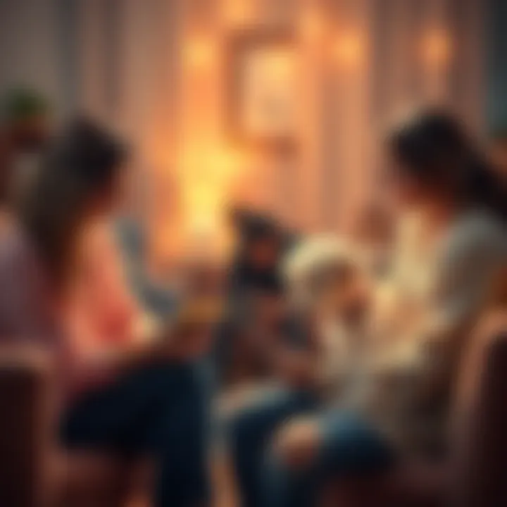 Two spiritual intuitives providing readings to a small group, with one communicating with a pet, in a warm and inviting setting.