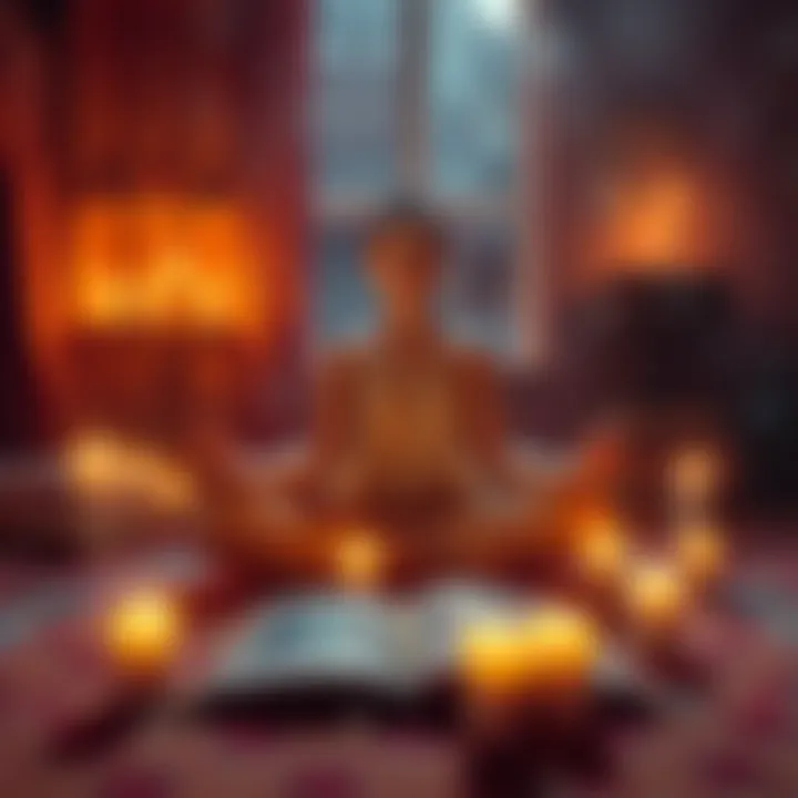 A person meditating surrounded by tarot cards and candles, reflecting on their inner self.