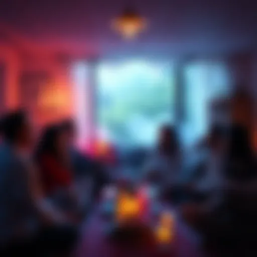 A group of people chatting in a cozy online setting about their spiritual experiences, with symbols of spirituality like candles and crystals in the background.