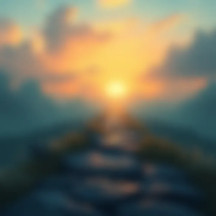 Spiritual Journey Illustration A serene scene depicting a pathway leading towards a glowing horizon, symbolizing spiritual growth and the afterlife.
