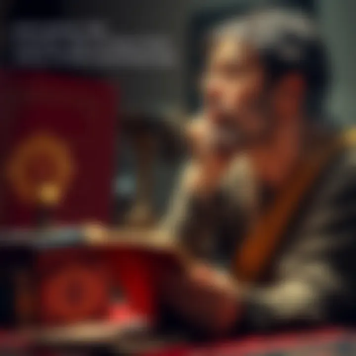 A man sits in quiet contemplation, surrounded by religious texts and symbols of Gnosticism, looking thoughtful and introspective.