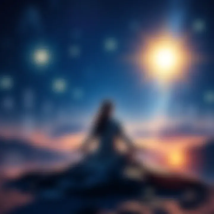 A serene figure meditating under a starry sky, surrounded by symbols of various deities, representing connection and spiritual growth.