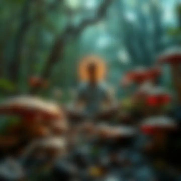 Person meditating in nature while surrounded by psilocybin mushrooms, symbolizing personal spiritual exploration.
