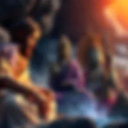 A peaceful scene featuring Jesus, Buddha, Krishna, and Siva in a harmonious gathering, symbolizing spiritual unity and connection.
