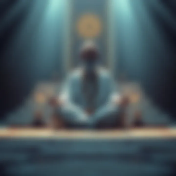 A spiritual master sitting cross-legged in deep meditation, surrounded by a serene atmosphere, embodying calmness and wisdom.