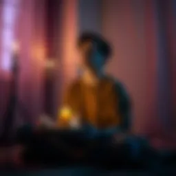 A person sitting calmly with a candle and crystals, looking thoughtful while observing a soft light in the room, symbolizing spiritual experience vs mental health reflection.