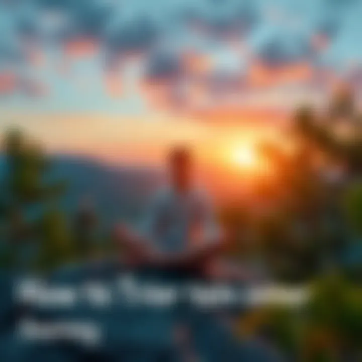 A person meditating in nature A person sitting cross-legged on a rocky ledge surrounded by trees, reflecting on their inner thoughts, with a serene expression