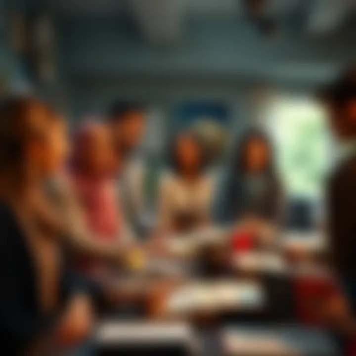 A group of diverse people engaged in discussions about various spiritual traditions, with books and resources visible on a table.