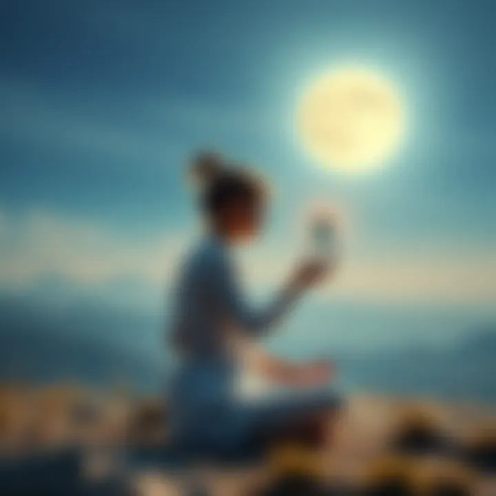 Person meditating outdoors with a crystal during a full moon
