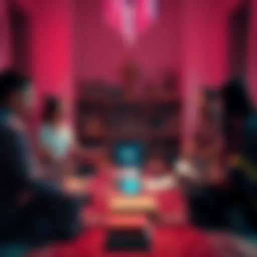 A group of spiritual practitioners discussing the use of AI tools in a serene setting, with laptops and books surrounding them.