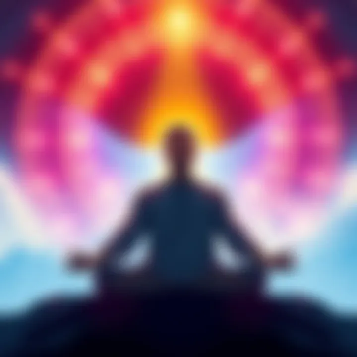 An illustration of a person meditating with glowing energy around them, symbolizing soul projection and reality creation from a spiritual realm.