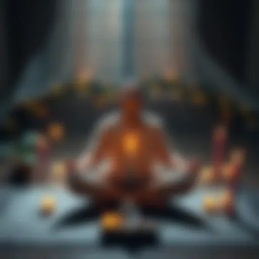 A person sitting cross-legged on a mat with closed eyes, surrounded by candles and crystals, reflecting on their spiritual growth.