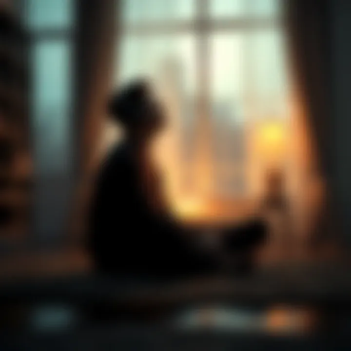 Person listening to spiritual tapes Individual sitting cross-legged with eyes closed, feeling a mix of fear and calm while listening to spiritual tapes, surrounded by a warm and inviting space.