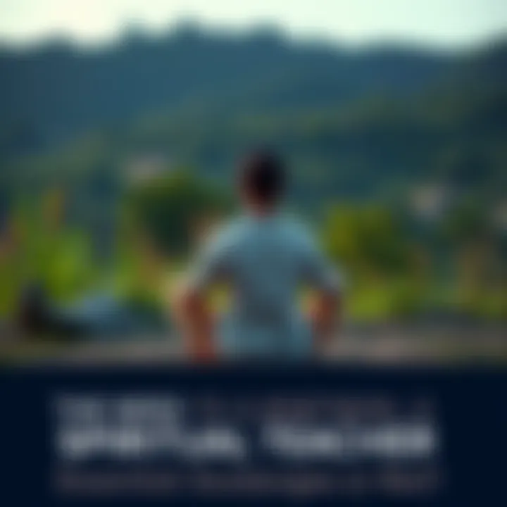 A person sitting cross-legged in nature, listening to a spiritual teacher guiding them, surrounded by greenery and calmness.