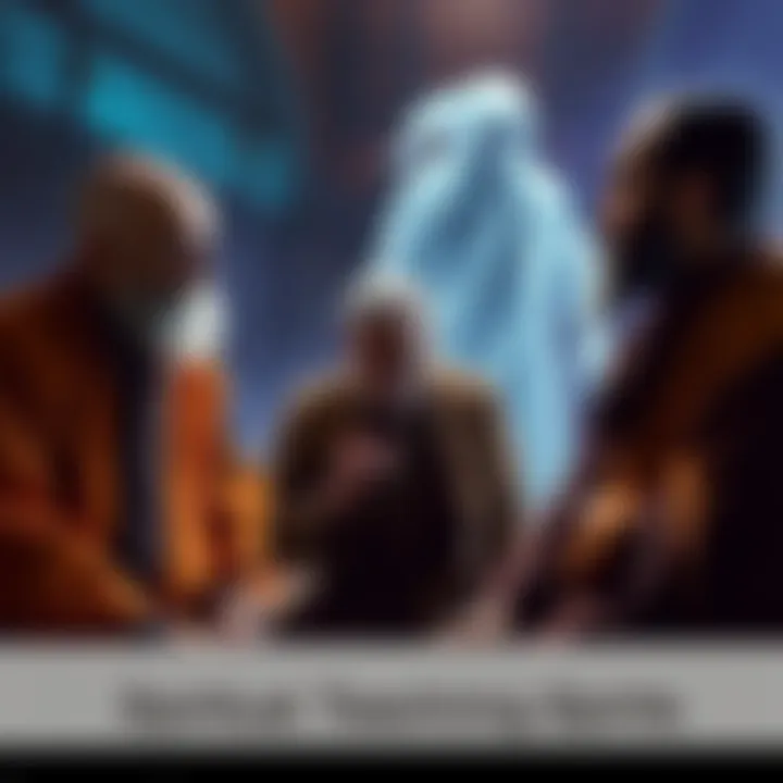 Spiritual Teachers Avoiding Spirits Three spiritual teachers engaged in a discussion, with a ghostly figure subtly appearing in the background, symbolizing topics they avoid.