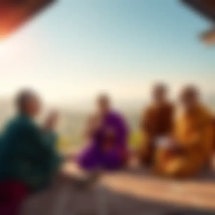 Spiritual Teachers Gathering A serene setting with Eckhart Tolle, Eknath Easwaran, Thich Nhat Hanh, and Ram Dass sharing thoughts on spirituality.