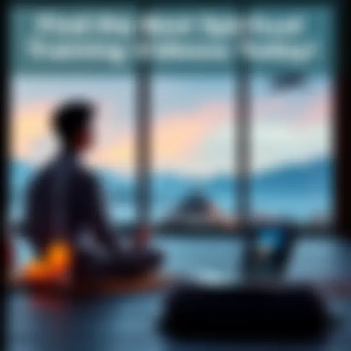 A serene setting with a person meditating while watching a spiritual training video on a laptop.
