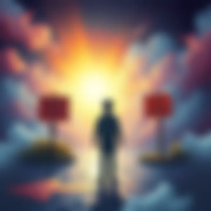 A person standing at a crossroads with signs for false light paths like purity, savior, and ascension, showing confusion and exhaustion.